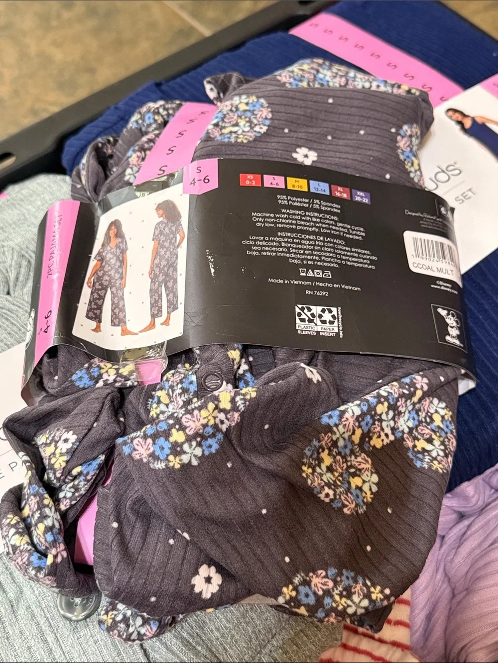 Disney Mickey Mouse 2PC Floral Pajama Set - Charcoal with Pastel Flowers - Picture 3 of 3